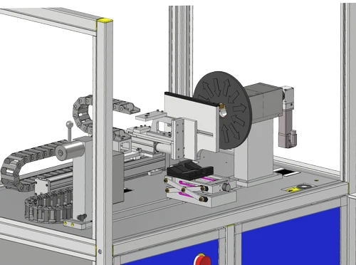 CAD view of a test bench with a sensor array set up in front of an axial flux rotor.