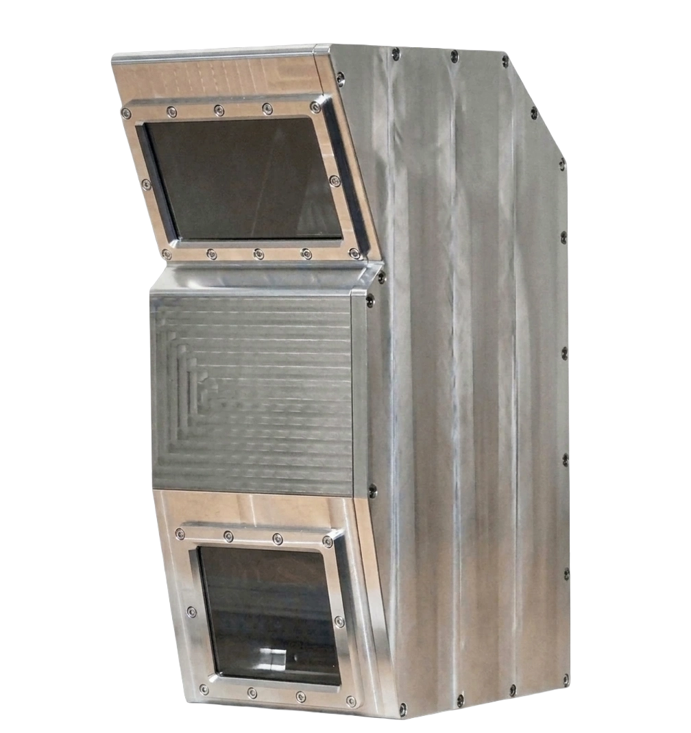 CNC-machined aluminium enclosure with two bolted inspection windows.