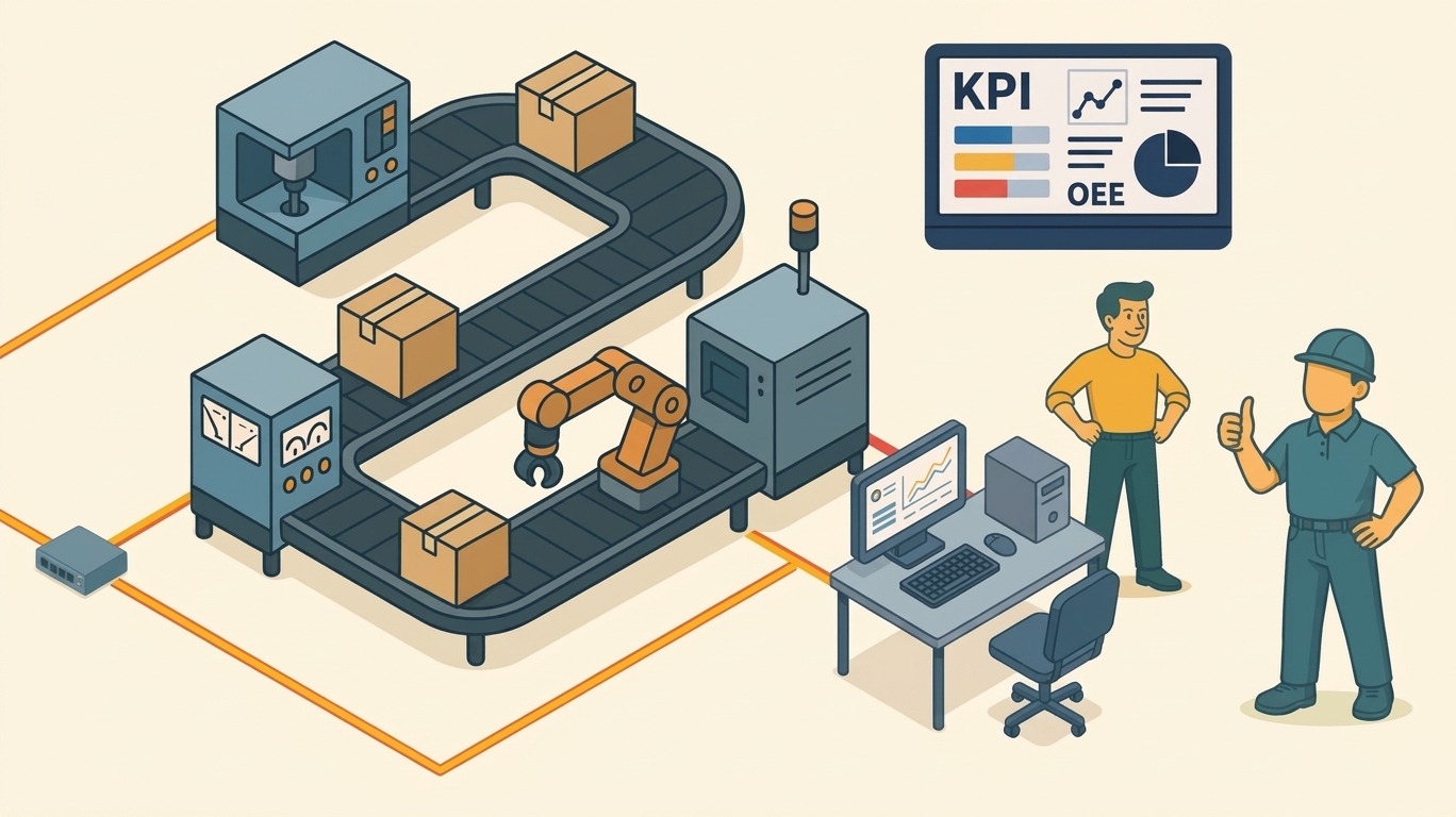 Illustration of a connected production line feeding machine data to a KPI dashboard.
