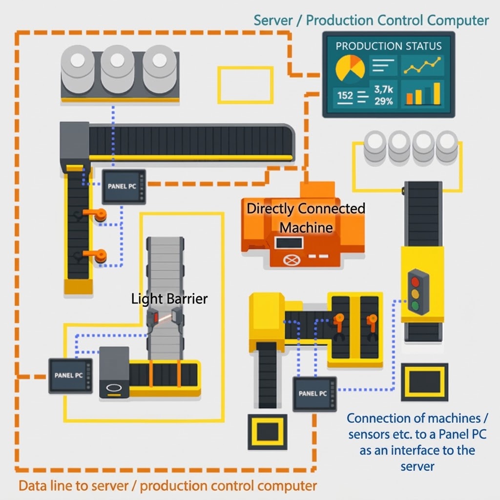 Floor plan of a digitalised production: machines and sensors connected to panel PCs, which pass data on to the server and manufacturing execution computer.