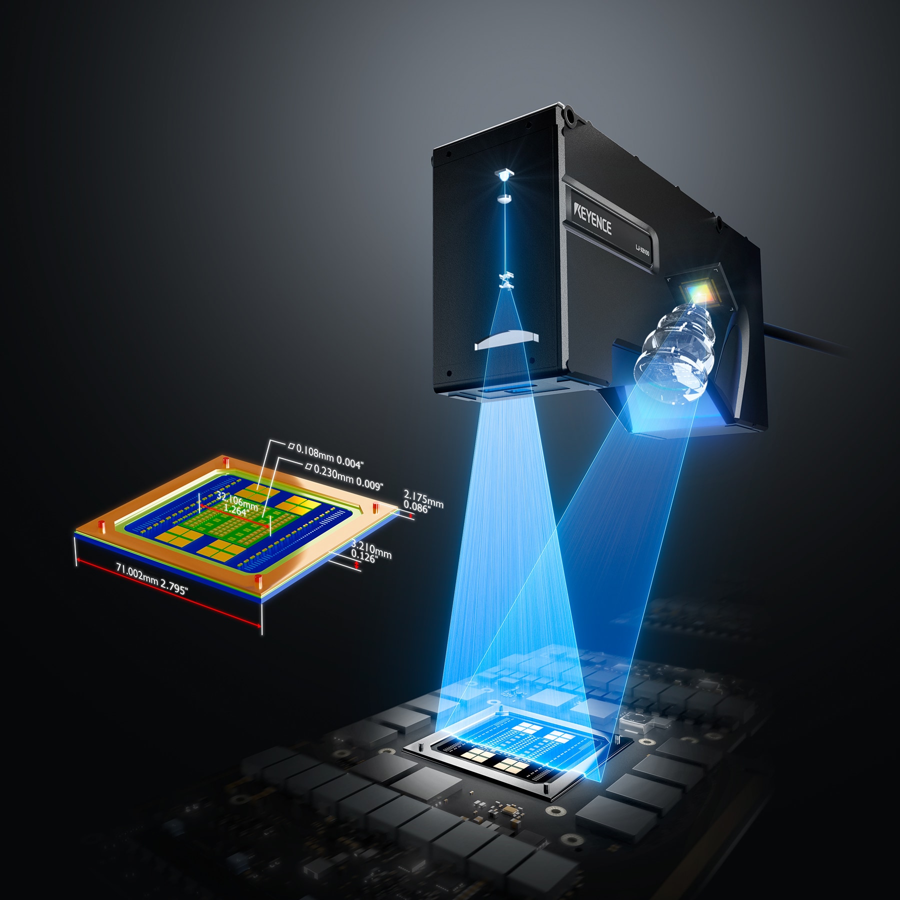 Industrial laser profile sensor projecting a blue measurement line across a component.