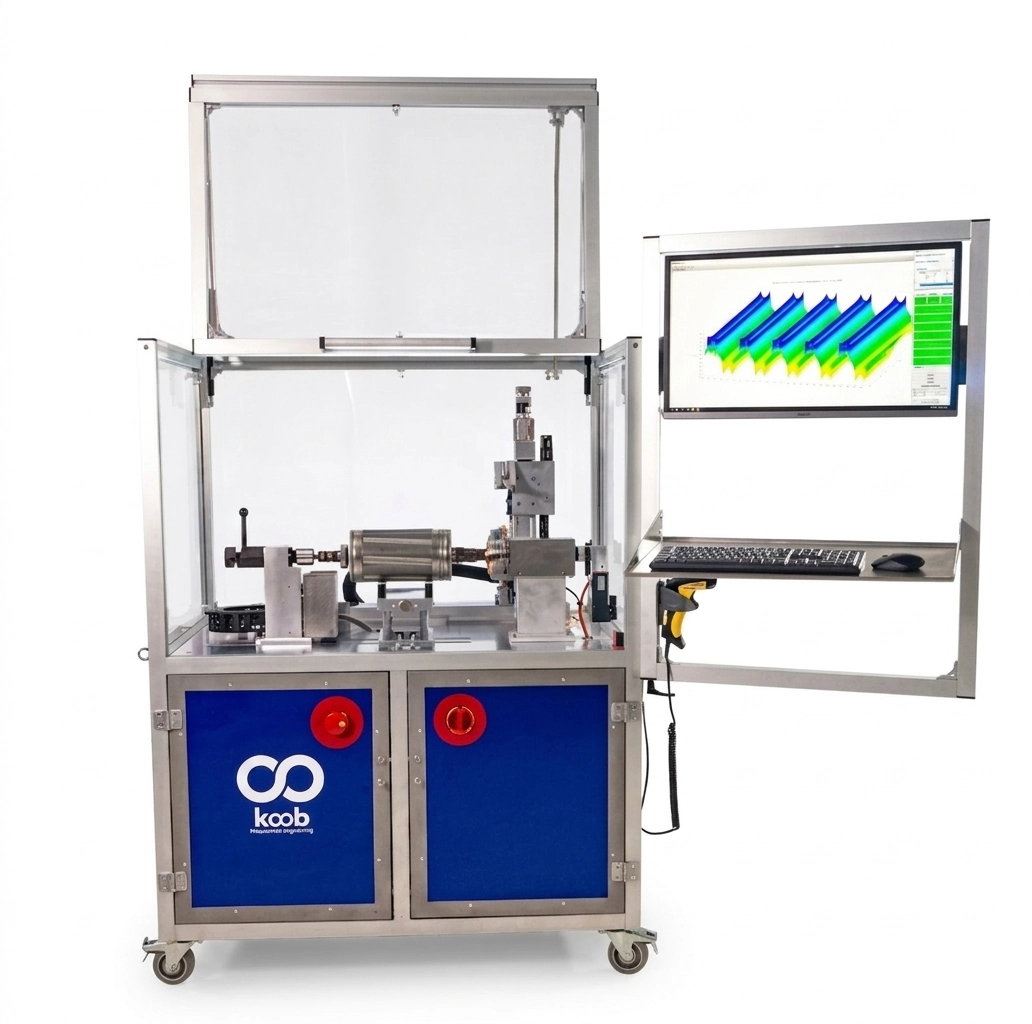 Koob mobile test bench with a rotor clamped in the fixture and a workstation showing a 3D field plot.